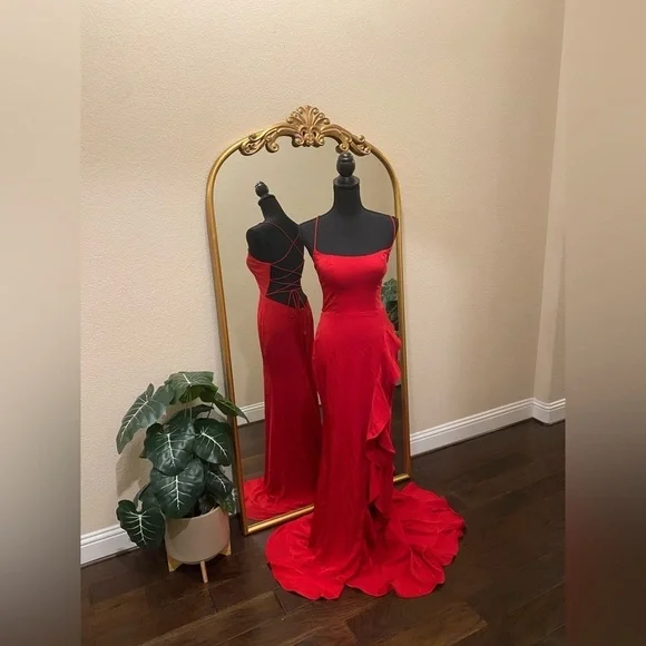 La Femme Jovanni 28294 Lace-up Open Back Ruffle High-Low Dress Size 6